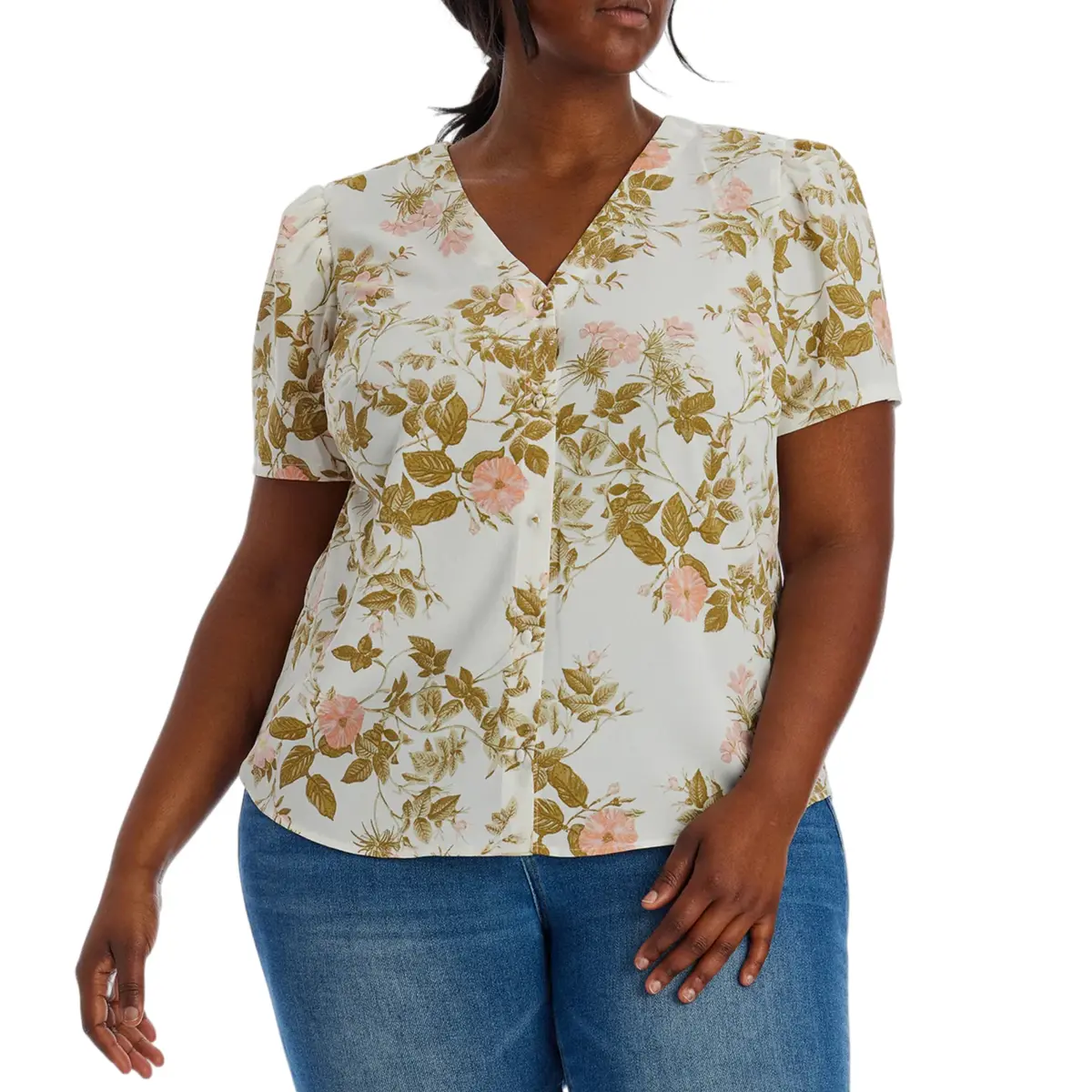 1. State Women's Plus Floral Print V-Neck Puff Sleeve Button Up Blouse Top 1