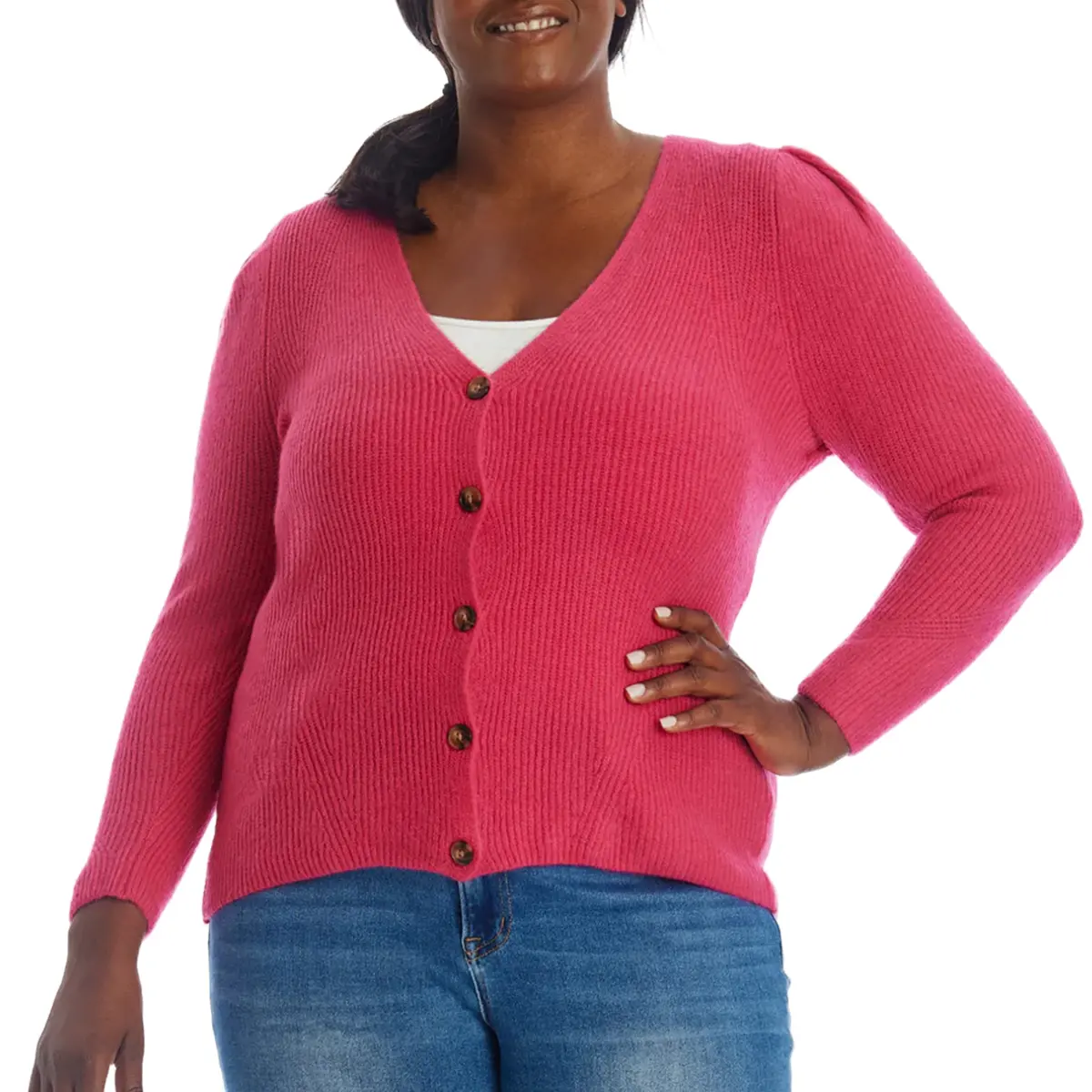 1.State Women's Plus Puff Long Sleeve Button Front Top Soft Knit Cardigan 1