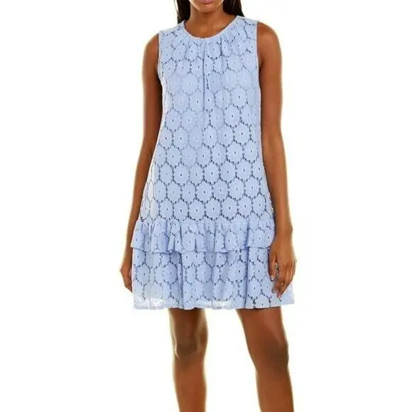 London Times Sleeveless Tiered Ruffle Hem Floral Lace Mini Dress 1