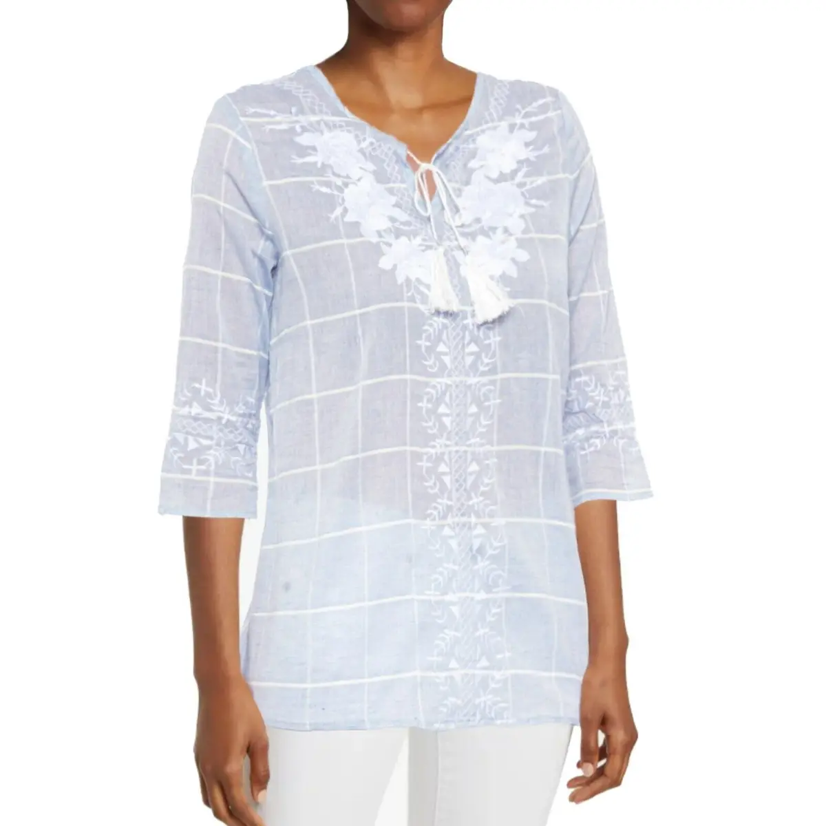Paparazzi Women's Embroidered Tassels Tie Cotton Blouse Tunic 1