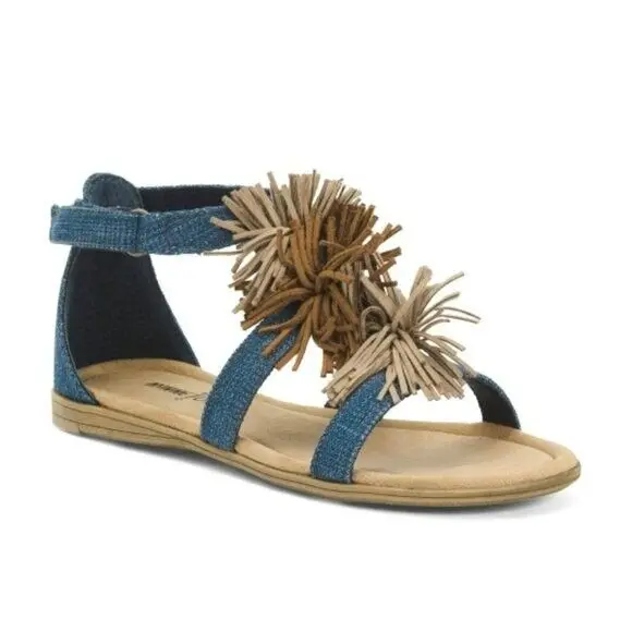 Minnetonka Girl's Denim Suede Pom-Pom Fringe Sandals 2