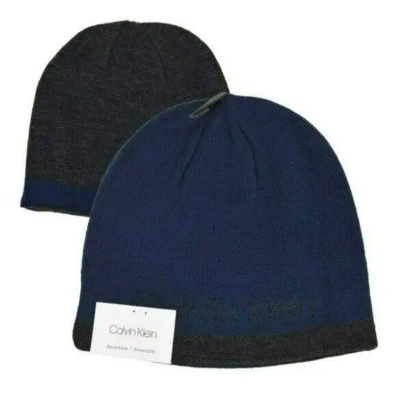 Calvin Klein Men's Reversible Navy / Dark Gray Logo Beanie Winter Hat 1