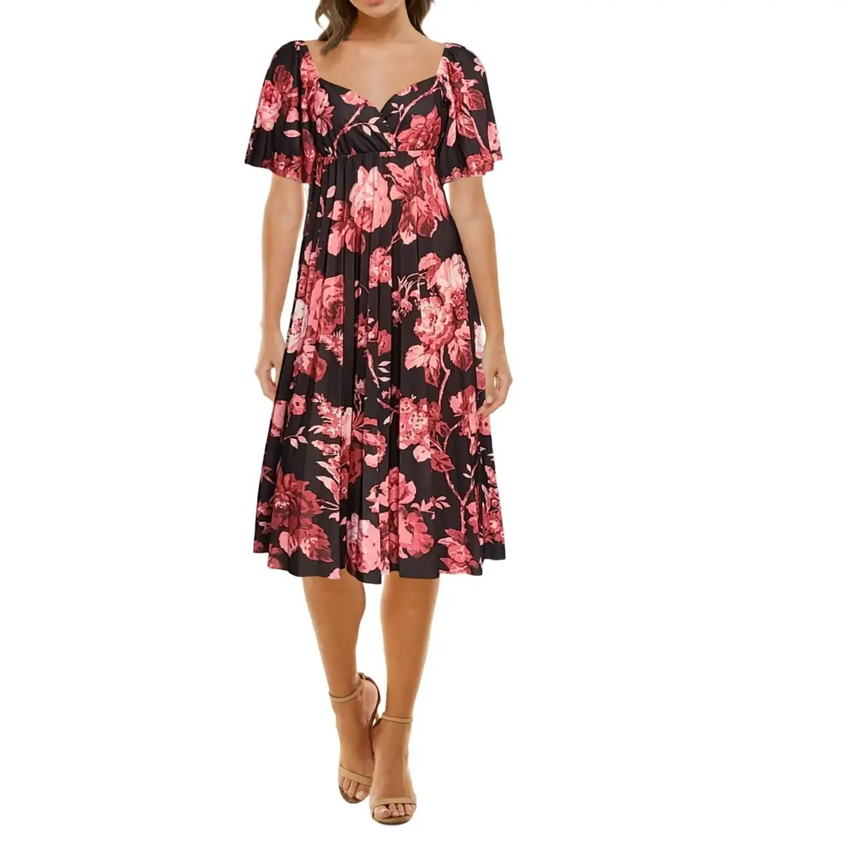Asos Floral Print Twist Cut Out Back Flatter Sleeves Pleated Midi Dress 1