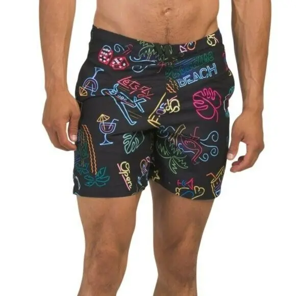 Surf Society Men's Neon Tiki Bar Printed Beach Shorts Pool Swim Trunks 1
