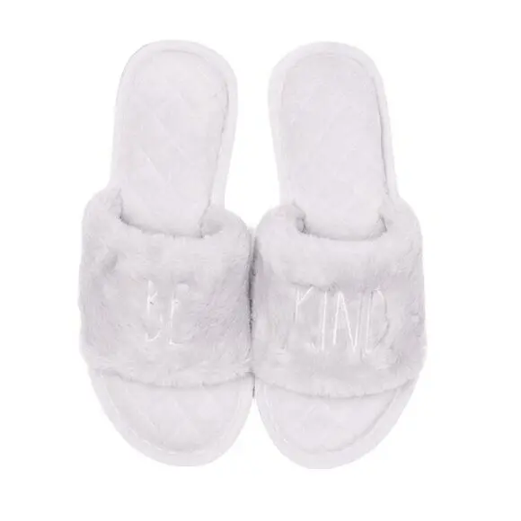 Rae Dunn Be Kind Quilted Faux Fur Cozy Slide Slippers 1
