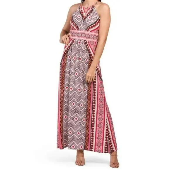 London Times Women's Zig Zag Medallion Printed Keyhole Halter Morris Maxi Dress 1