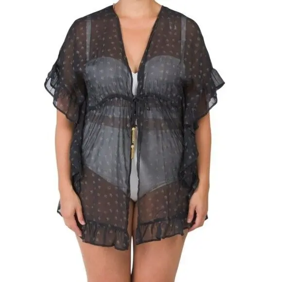 Blue Island Women's Plus Ruffle Trim Tie Front Printed Sheer Cover Up 1