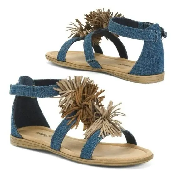 Minnetonka Girl's Denim Suede Pom-Pom Fringe Sandals 1