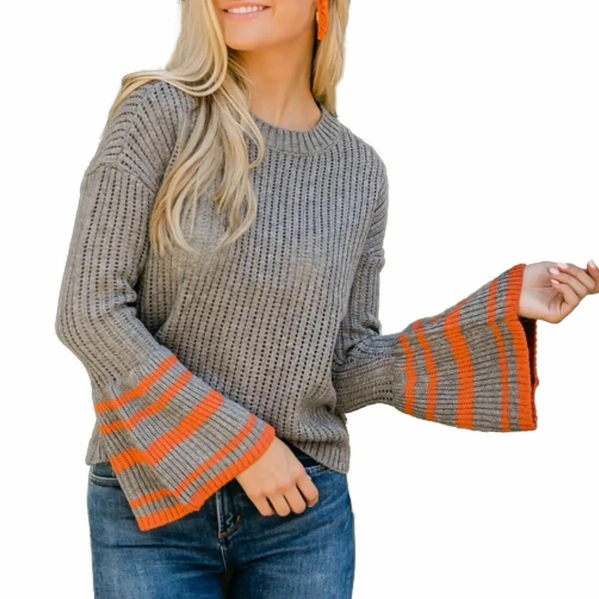 Jack By Bb Dakota Women's Flare Stripe Sleeves Lightweight Knit Top Sweater 2