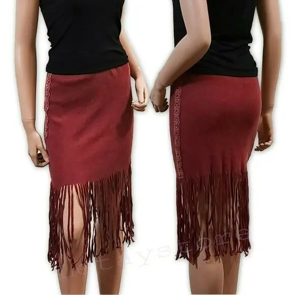 Pol Boho Ribbed Cotton Fringe Hem Lace Trim Midi Skirt 1