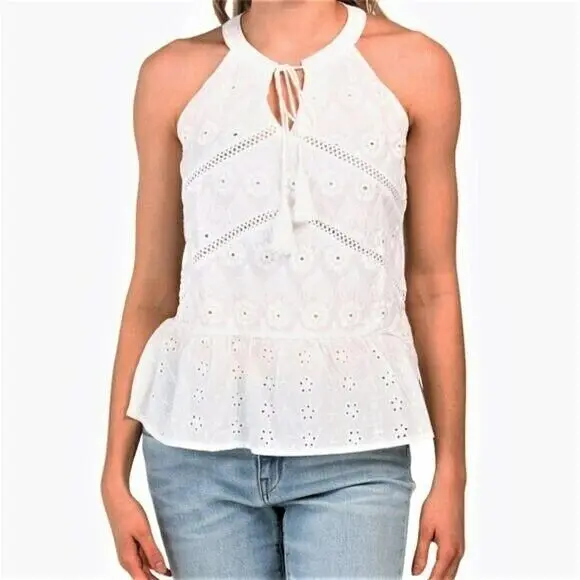 Adiva Women's Floral Eyelet Peplum Hem Tassels Tie Cotton Tank Top 1