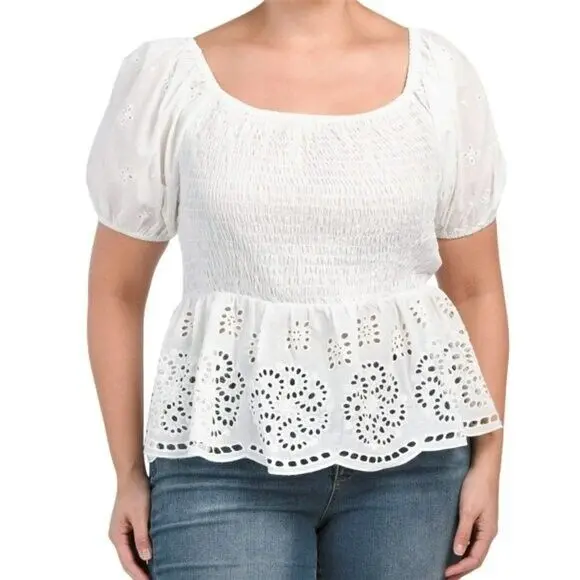 Adiva Plus Eyelet Peplum Hem Smocked Cotton Blouse Top 1