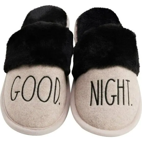 Rae Dunn Good Night Print Cozy Soft Fur Trim Slippers 1