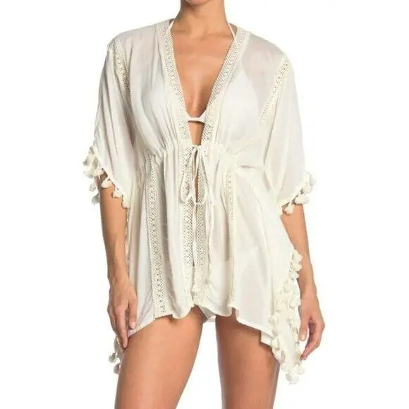 Vince Camuto Lace Insert Tassel Trim Swim Cover-Up Top 1