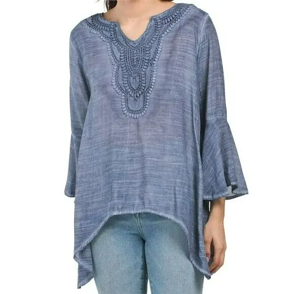 Spense Women's Boho Crochet Neck Bell Sleeve Relaxed Fit Blouse Tunic 1