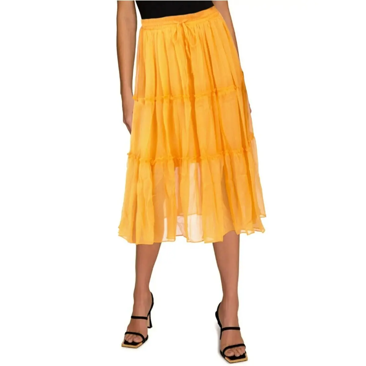 Wdny Tiered Sheer Overlay Ruffle Trim Elastic Waist Flowy Midi Skirt 1