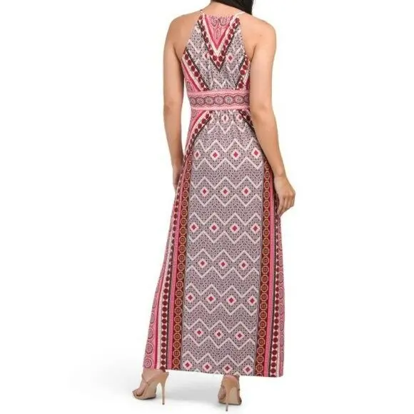 London Times Women's Zig Zag Medallion Printed Keyhole Halter Morris Maxi Dress 2