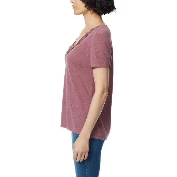 Ella Moss Women's Super Soft Lightweight V-Neck Lace T-Shirt Top 2