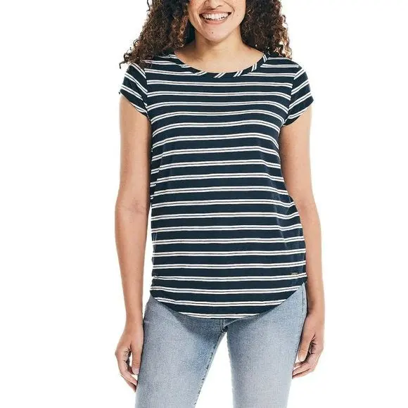 Nautica Women's Keyhole Back Soft Cotton Blend Stripe T-Shirt 1