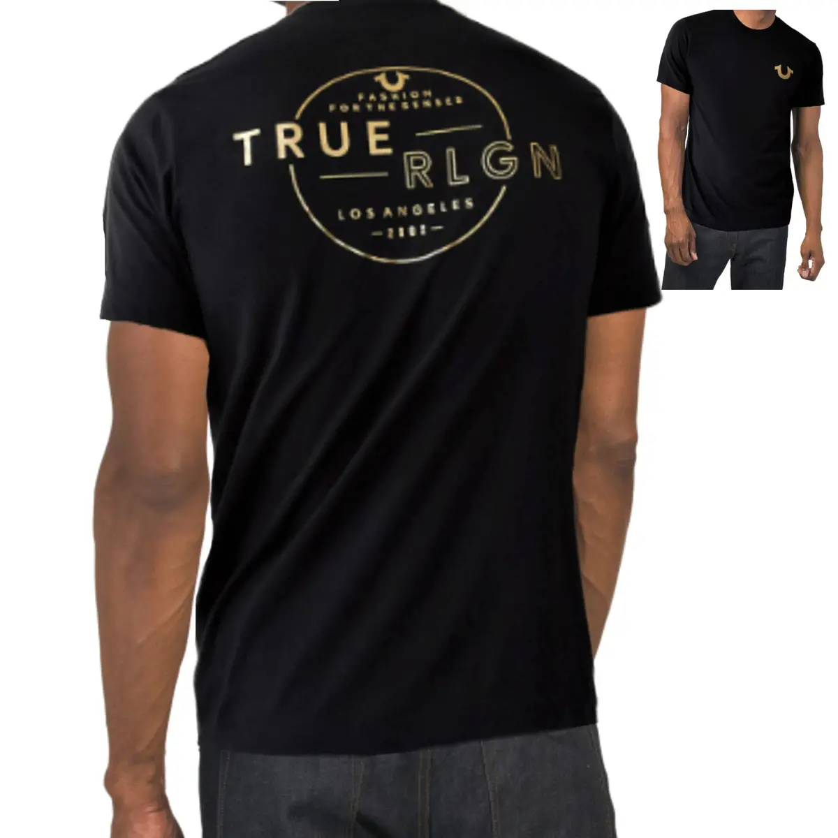 True Religion Men's Gold Metallic Graphic Logo Print Halo Crew Neck Tee 1