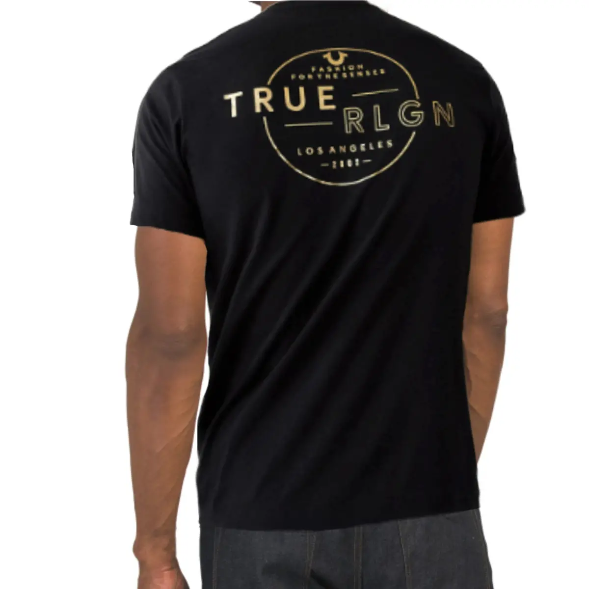 True Religion Men's Gold Metallic Graphic Logo Print Halo Crew Neck Tee 3