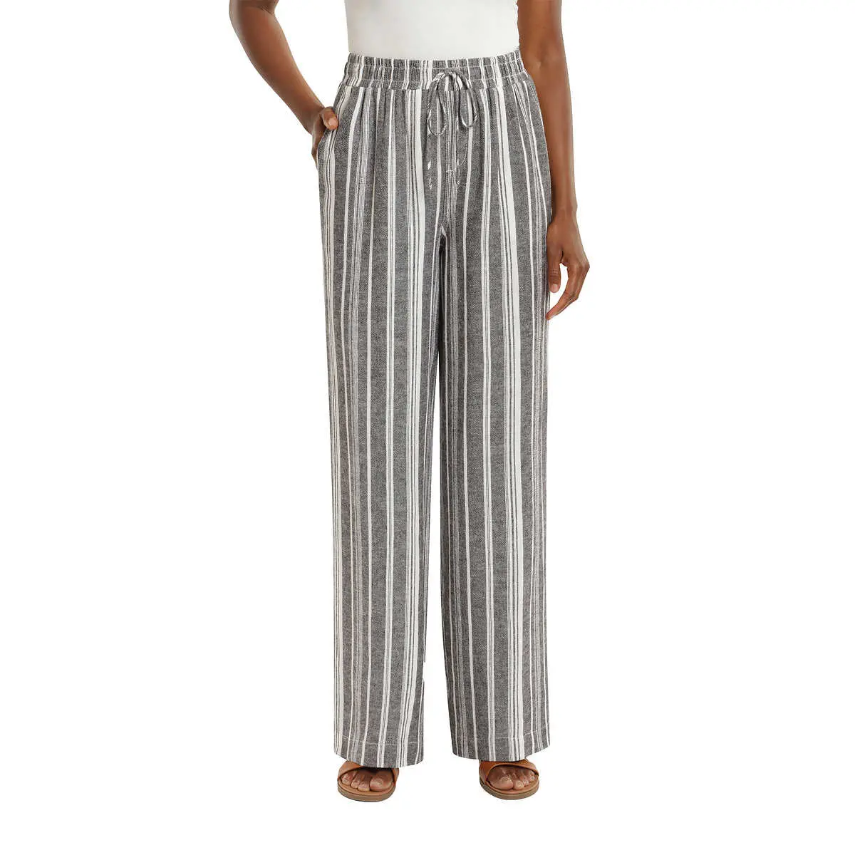 Briggs Women's Wide Leg Lightweight Linen Blend 2 Pockets Stripe Pants 1