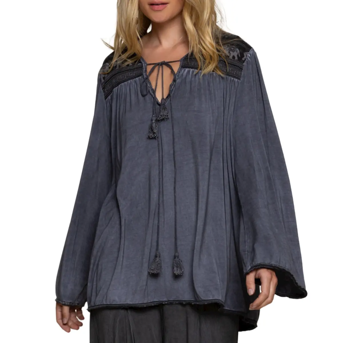 Pol Boho Lace With Tassels Wide Sleeve Relaxed Fit Blouse Tunic Top 1