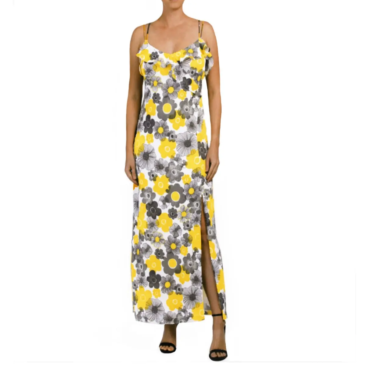 Nicole Miller Women's Floral Print Ruffle Trim Front Slit Maxi Dress 1