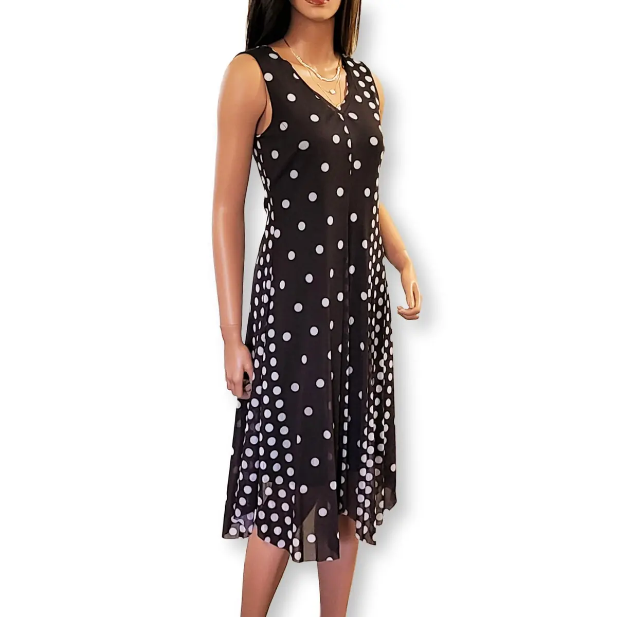 T Tahari Women's Polka Dot Print Sharkbite Hem Mesh Overlay Midi Dress 1