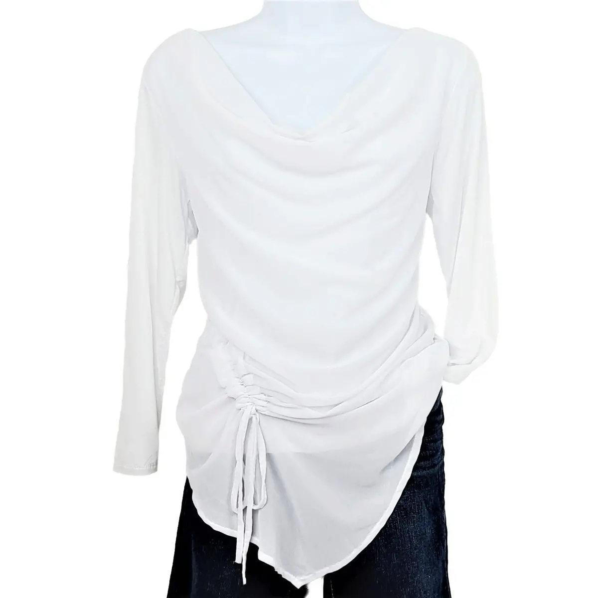 Elena Baldi Made In Italy Drape Neck Drawstring Chiffon Overlay Blouse Top 1