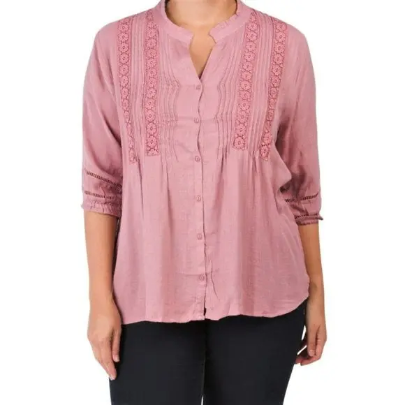 Forgotten Grace Plus Lace Button Front Cotton Tunic Top 1