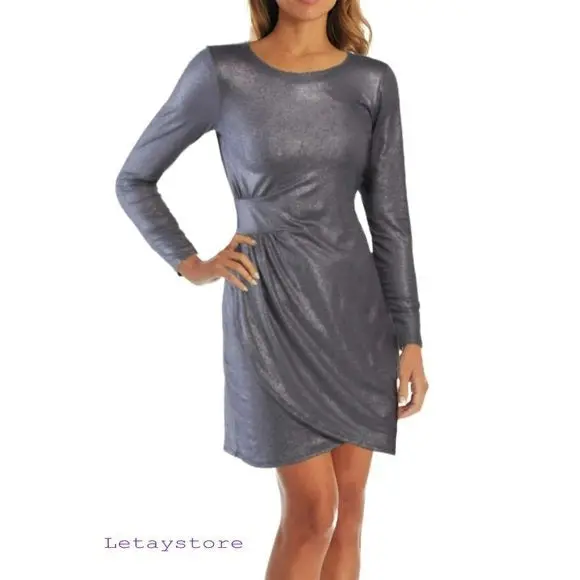 Tiana B Metallic Shimmer Foil Asymmetrical Ruched Cocktail Party Mini Dress 1