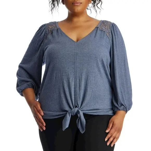 Max Studio Women's Plus Lace Trim V Neck Front Tie Front Blouse Top 1