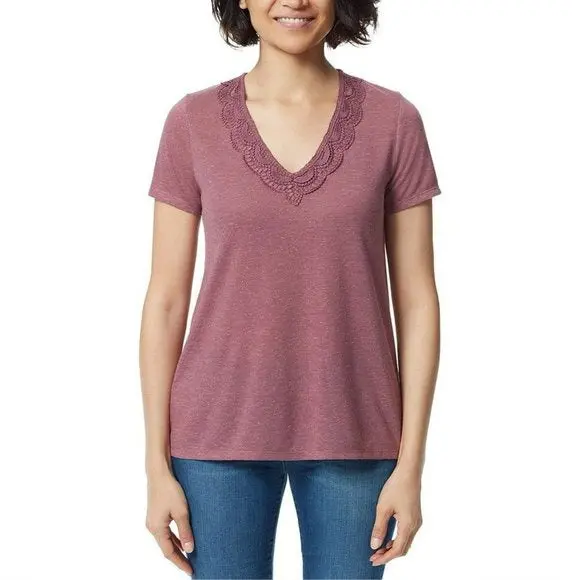 Ella Moss Women's Super Soft Lightweight V-Neck Lace T-Shirt Top 1