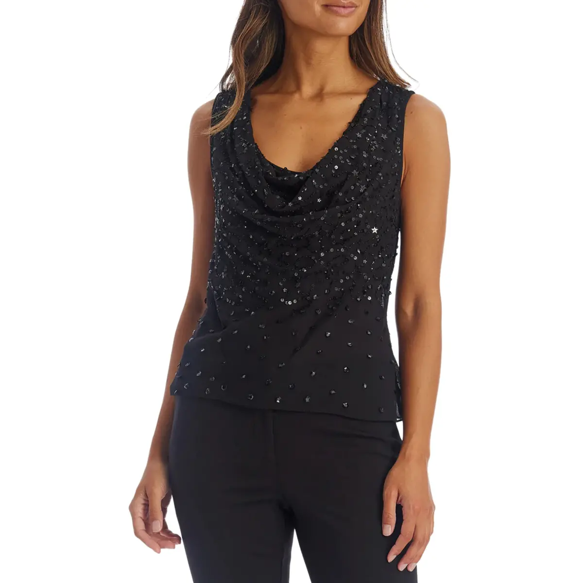 Adrianna Papell Women's Beaded Sequin Cowl Neck Top Party Blouse 1