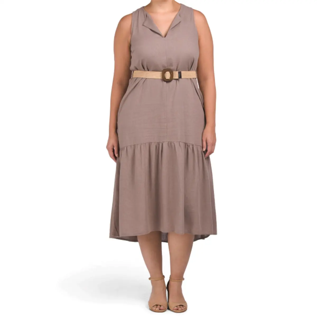 Adyson Parker Linen Belted Split Neck Tiered Midi Dress 1