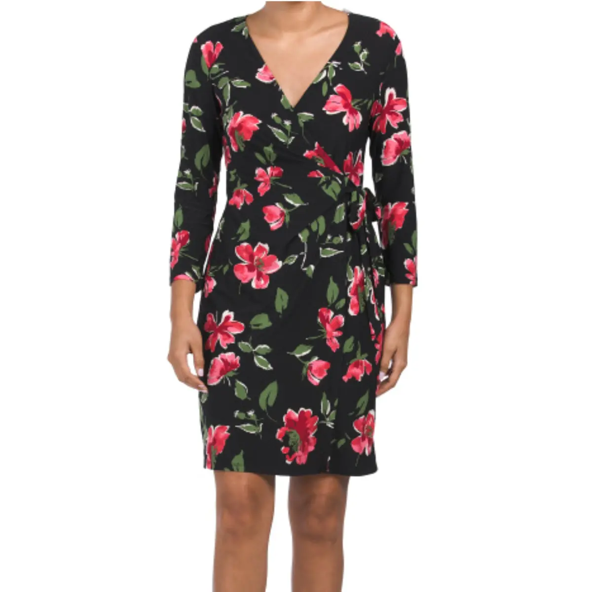 Anne Klein Women's Roses Floral Print Long Sleeve Wrap Mini Dress 1