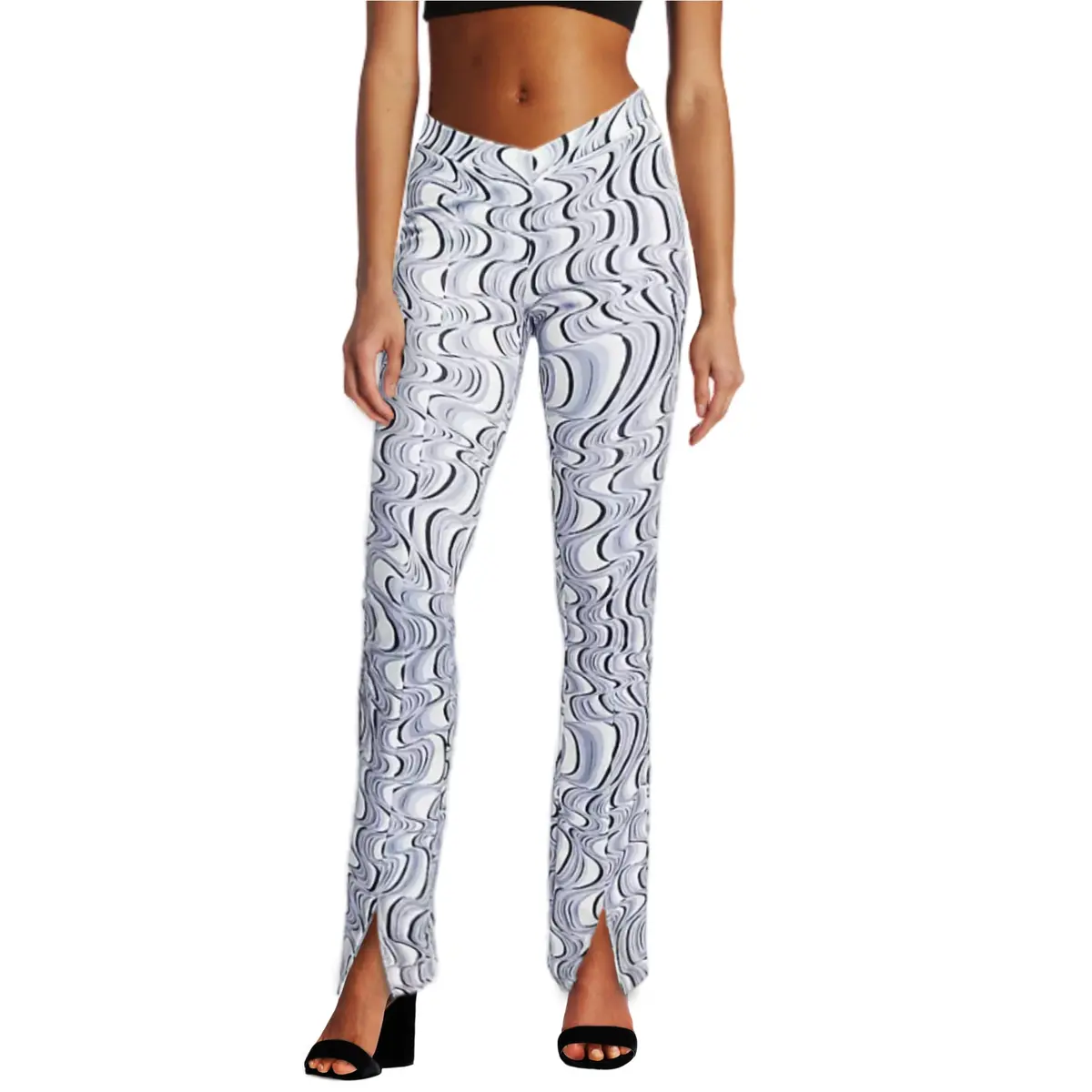 Asos Abstract Print V Front Wais Split Hem Stretch Flare Skinny Pants 1