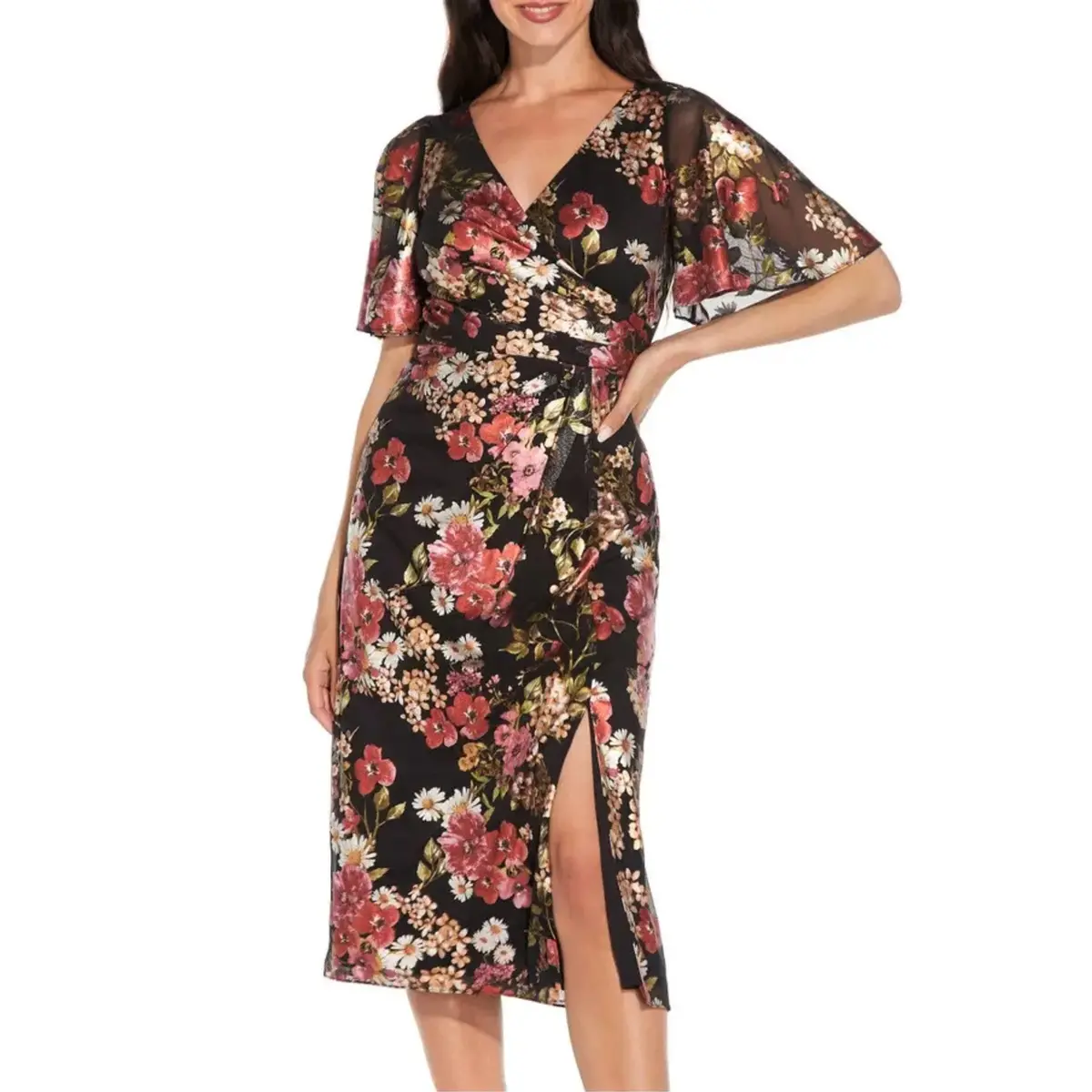 Adrianna Papell Floral Foiled Print Mesh Draped Midi Dress 1