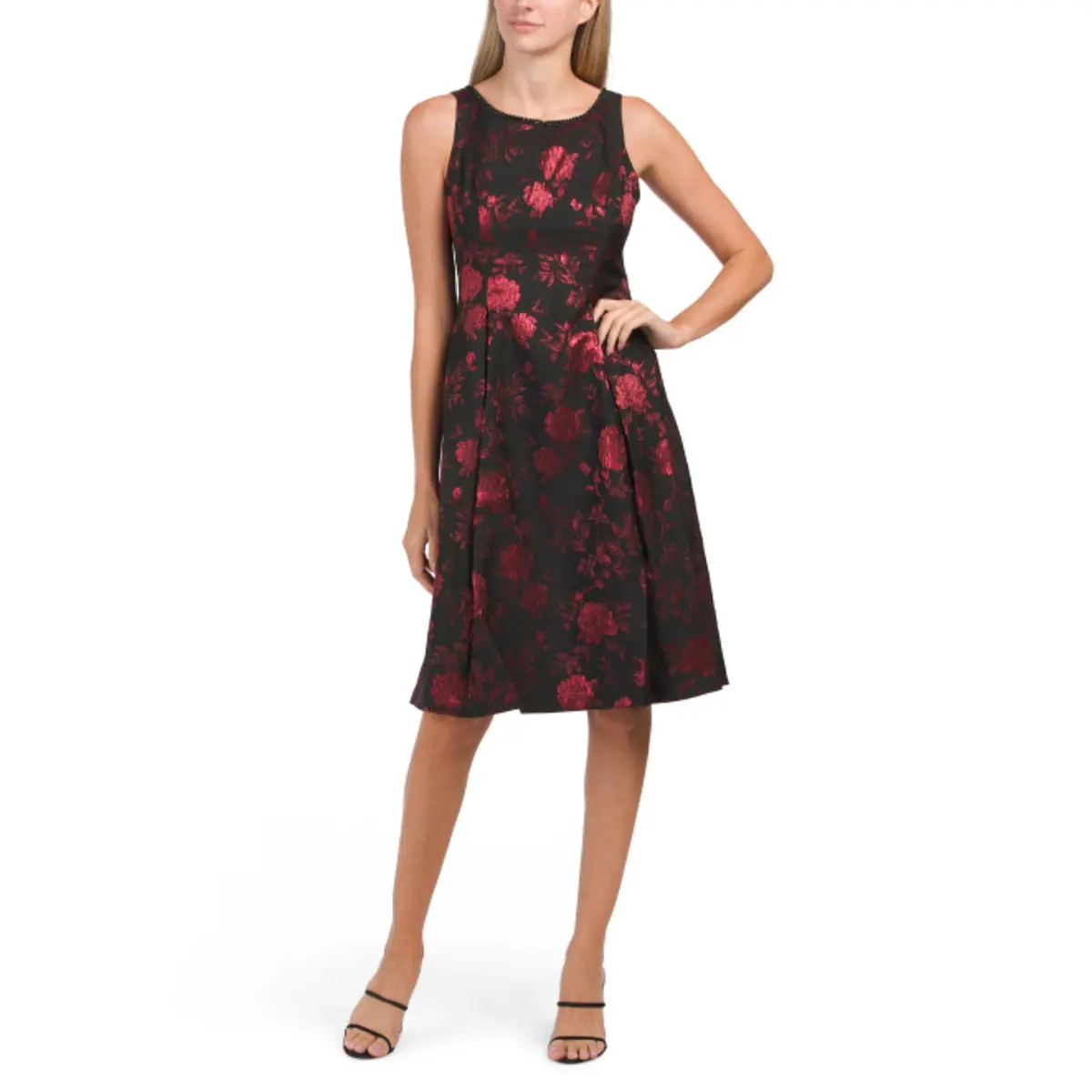 Adrianna Papell Women's Faux Pearl Trim Metallic Floral Print Jacquard Fit And Flare Mini Dress 1