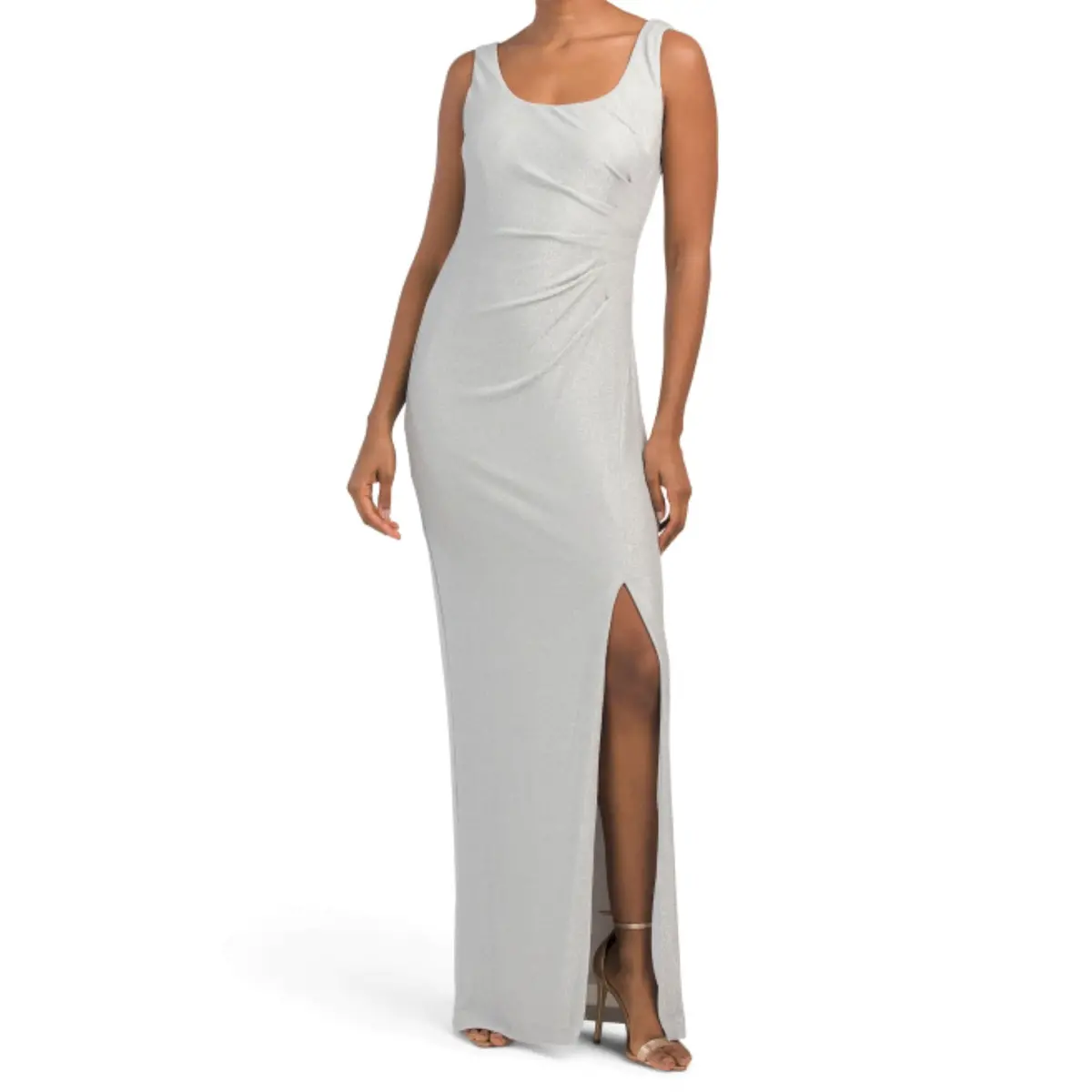 Adrianna Papell Women's Shimmer Metallic Sleeveless Side Pleats Front Slit Gown Maxi Dress 1