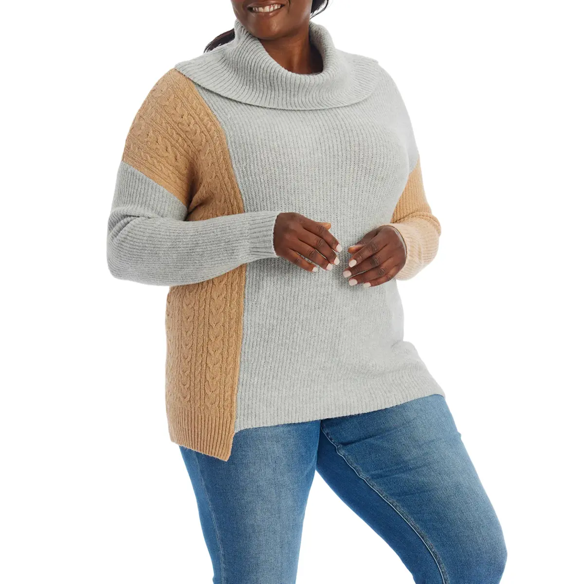 Adyson Parker Women's Plus Cozy Asymmetrical Hem Color Block Cowl Neck Soft Knit Pullover Sweater 1