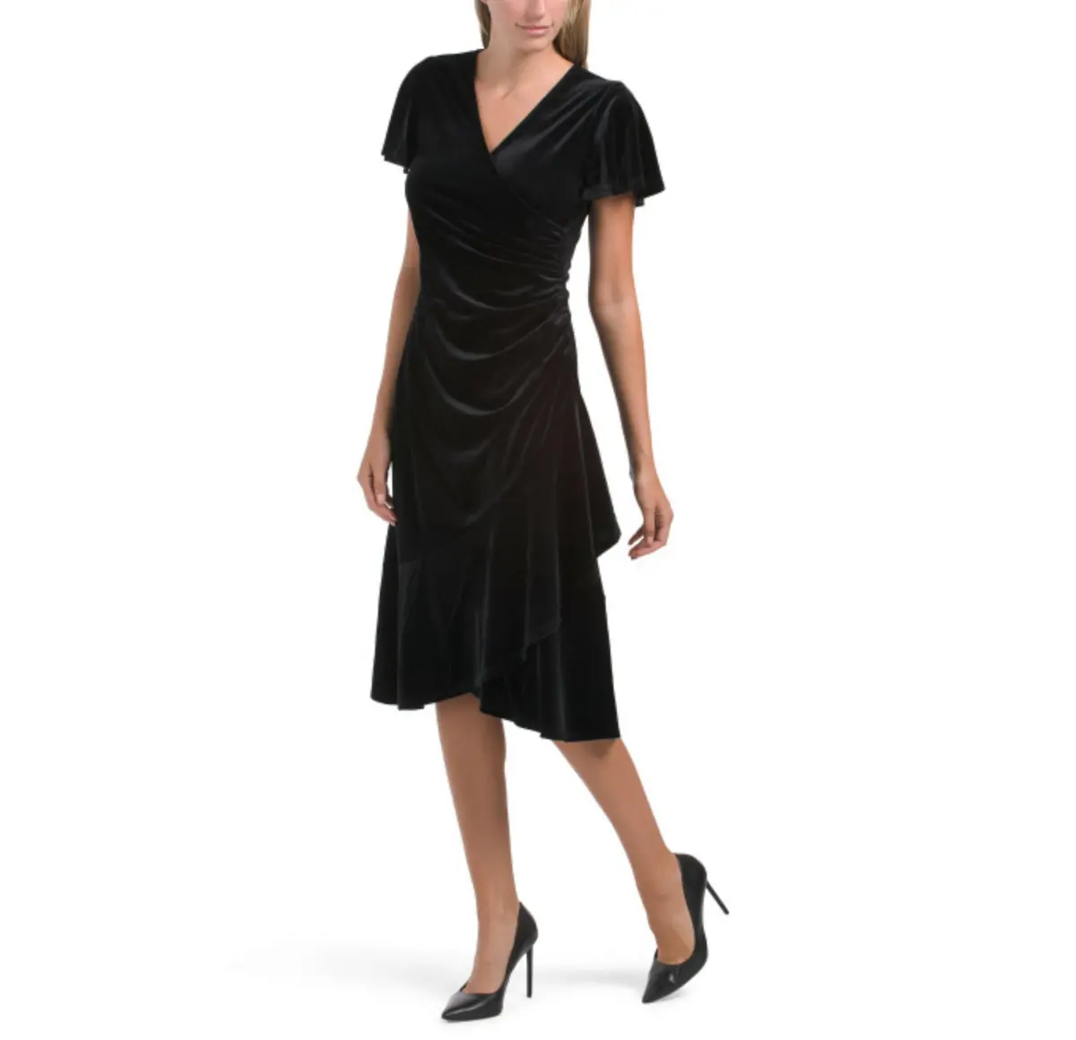 Anne Klein Women's Dahlia Flutter Sleeve Ruffle Skirt Wrap Style Velvet Midi Dress 1