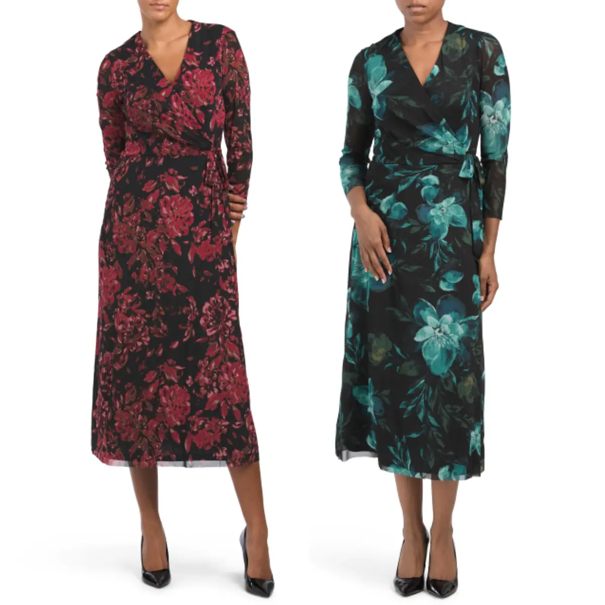 Anne Klein Women's Long Sleeve Floral Print Tie Waist Wrap Midi Dress 1