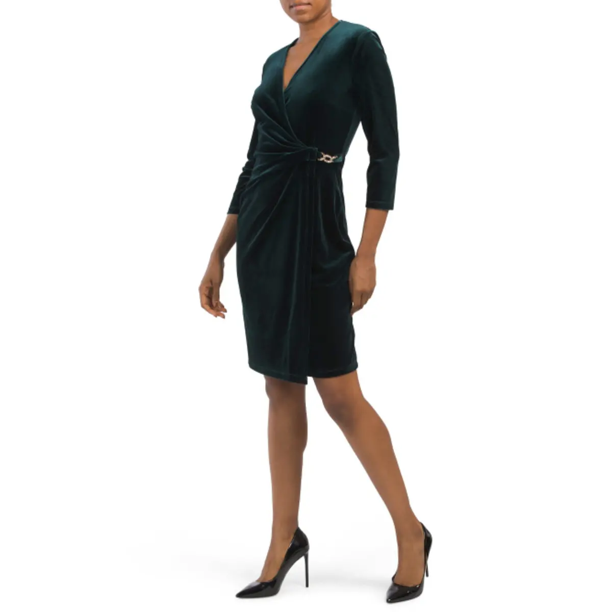 Anne Klein Women's Rhinestone Chain Buckle Classic Wrap Stretch Velvet Dress 1