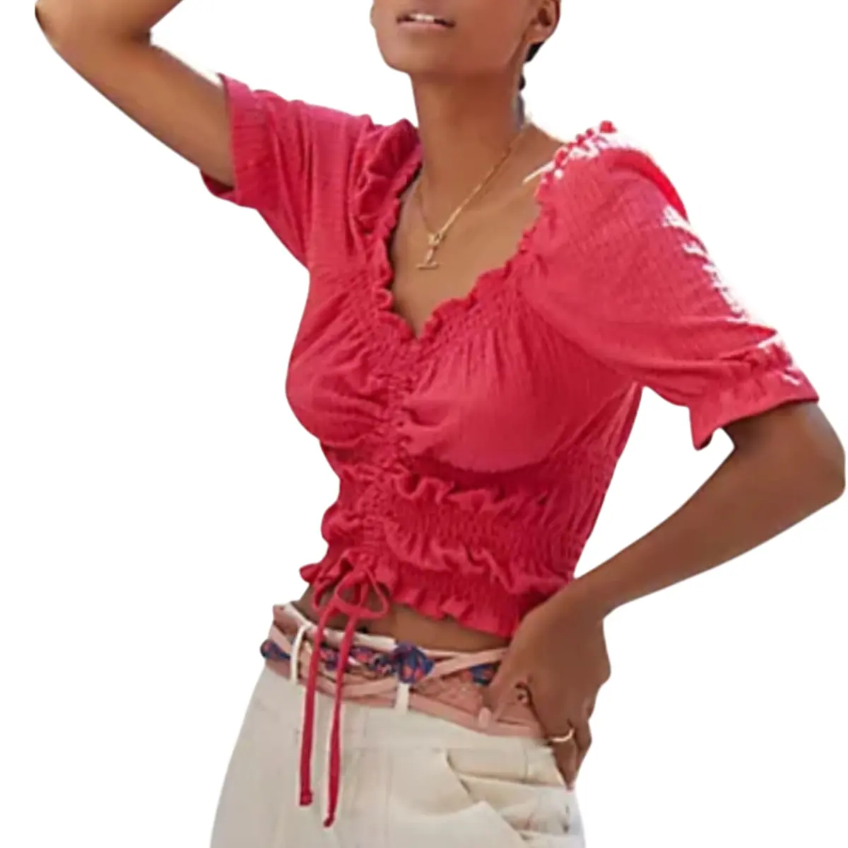 Anthropologie Pilcro V-Neck Ruffle Puff Sleeve Cinched Waist Blouse Top 1
