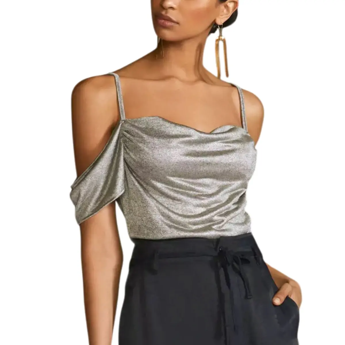 Anthropologie Women's Metallic Cowl Drape Neck Off The Shoulder Blouse Top 1
