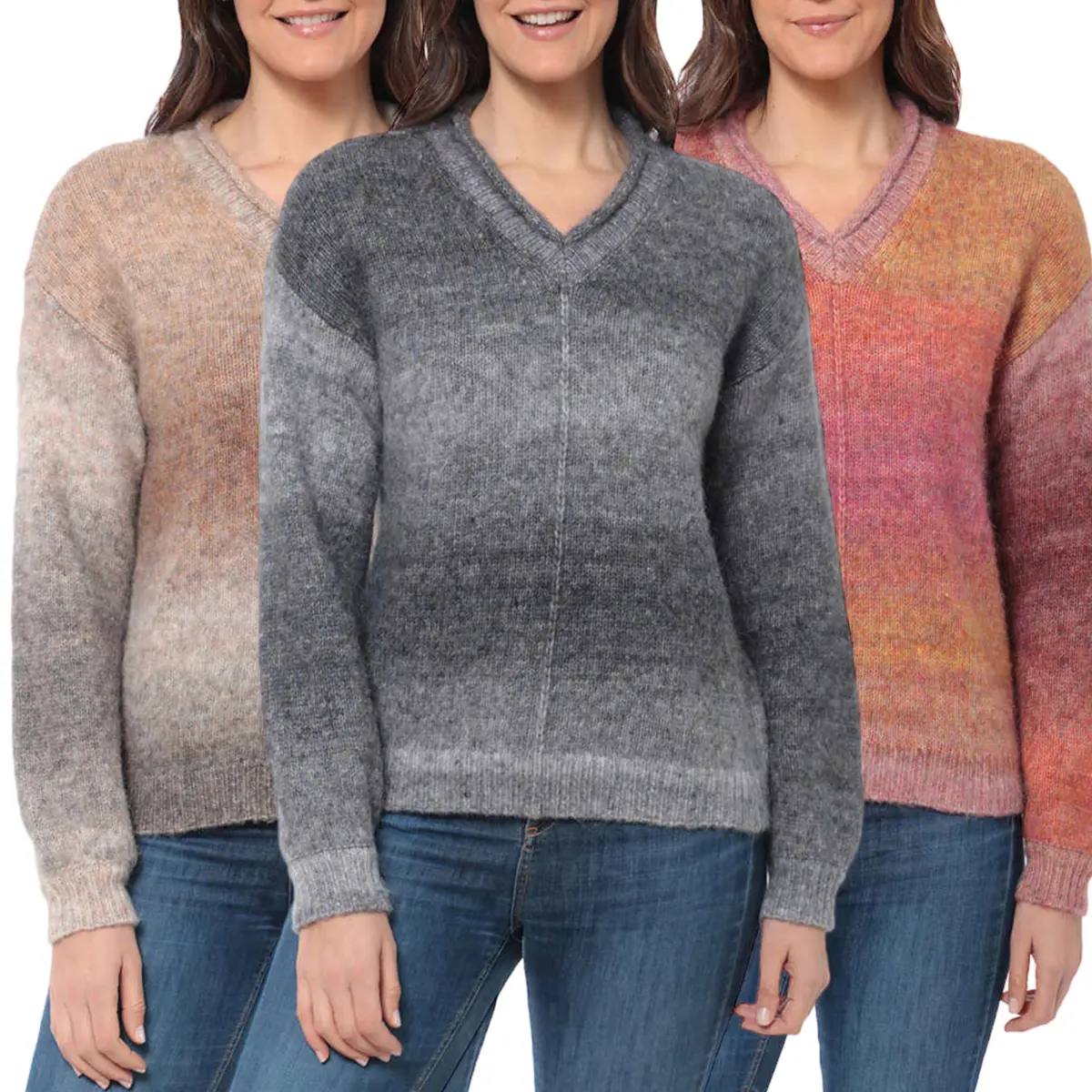 Briggs Women's Cozy V-Neck Soft Knit Wool Blend Ombre Space Dye Sweater 1