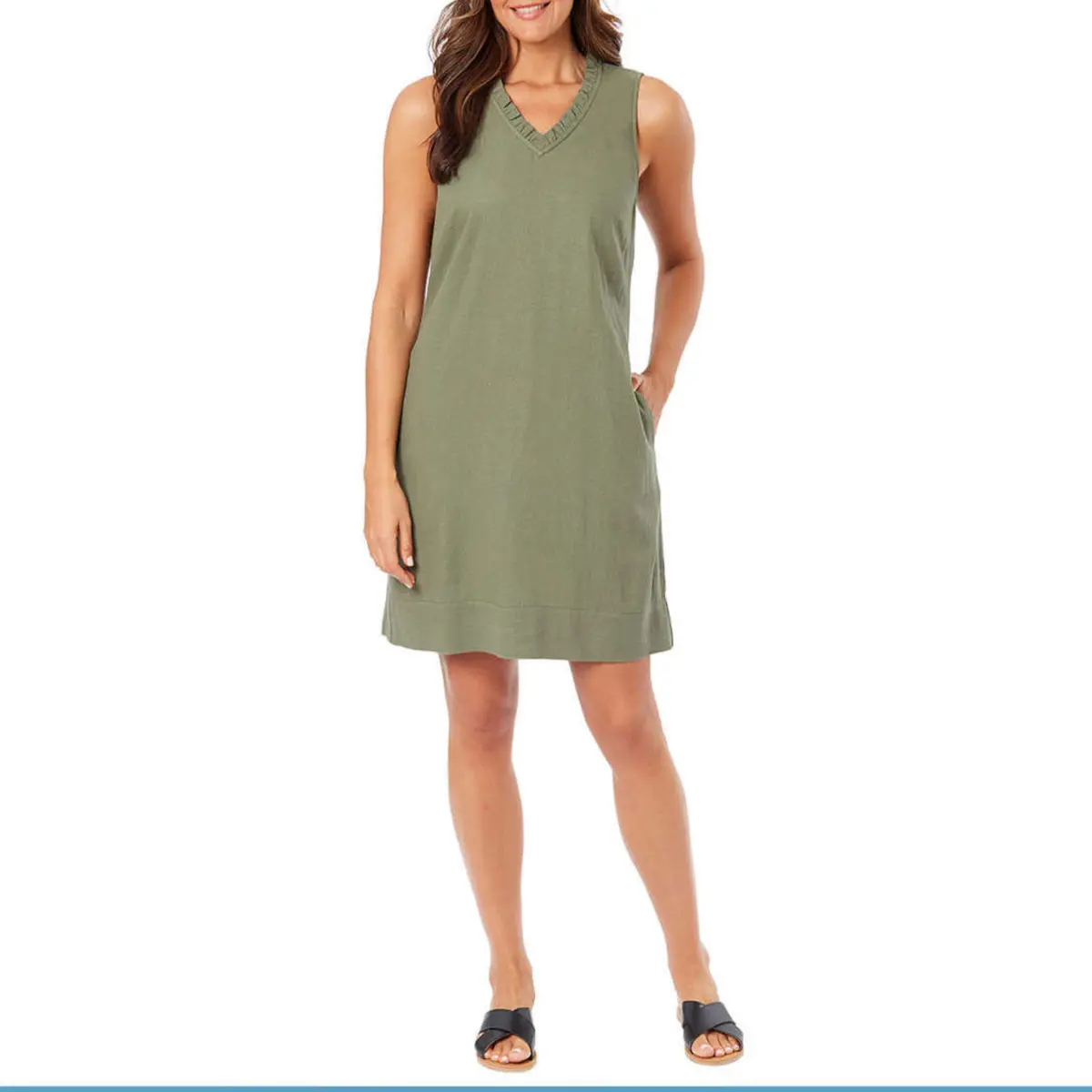 Briggs Women's Ruffle Trim V-Neck Linen Blend Side Pockets Mini Dress 1