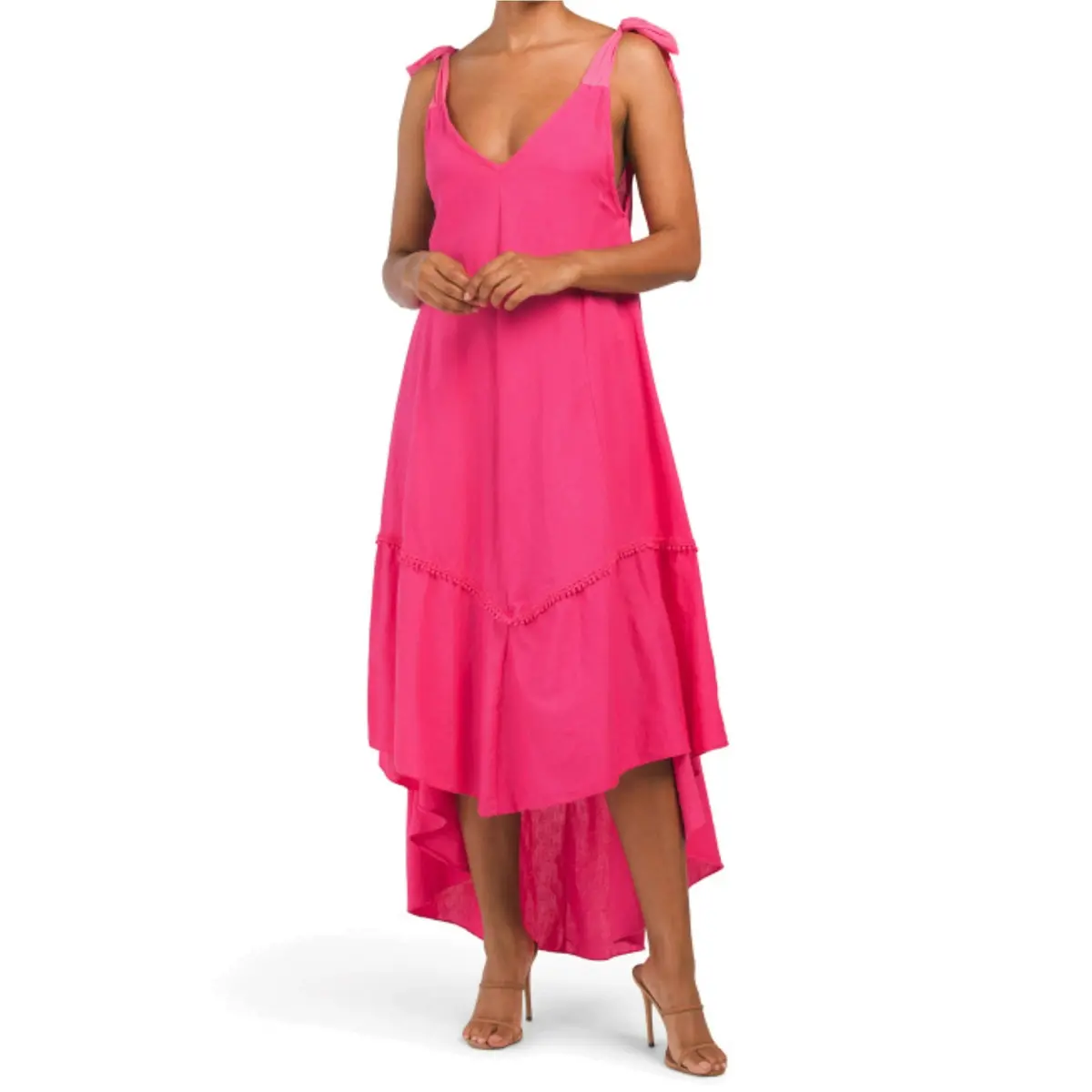 Cristina Vergani Made In Italy Linen Blend Voile Shoulder Tie Bow Midi Dress 1